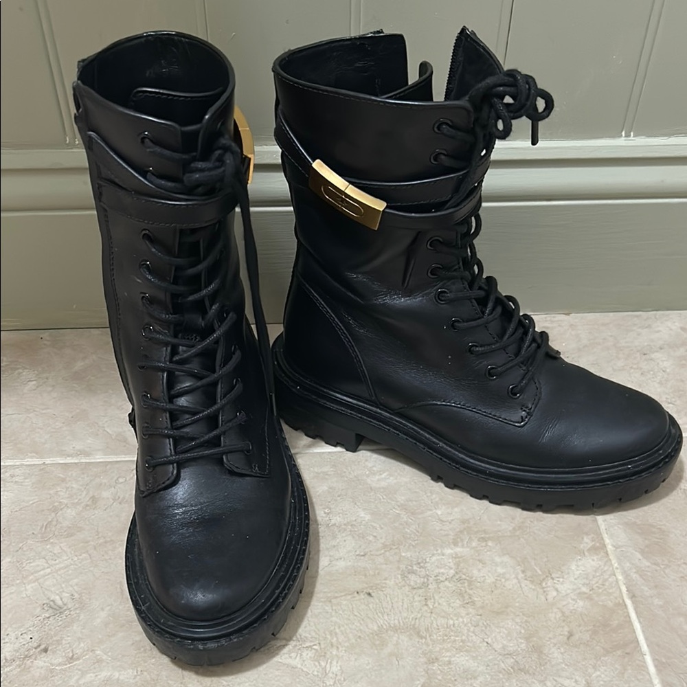 Tory Burch Leather Combat Boots with Gold Buckle